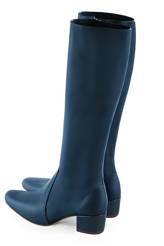 Denim blue women's feminine knee-high boots. Round toe. Low block heels. Made to measure. Rear view - Florence KOOIJMAN